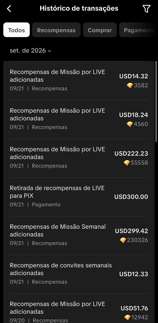 Registro pessoal do histórico de recompensas e pagamentos em transmissões ao vivo