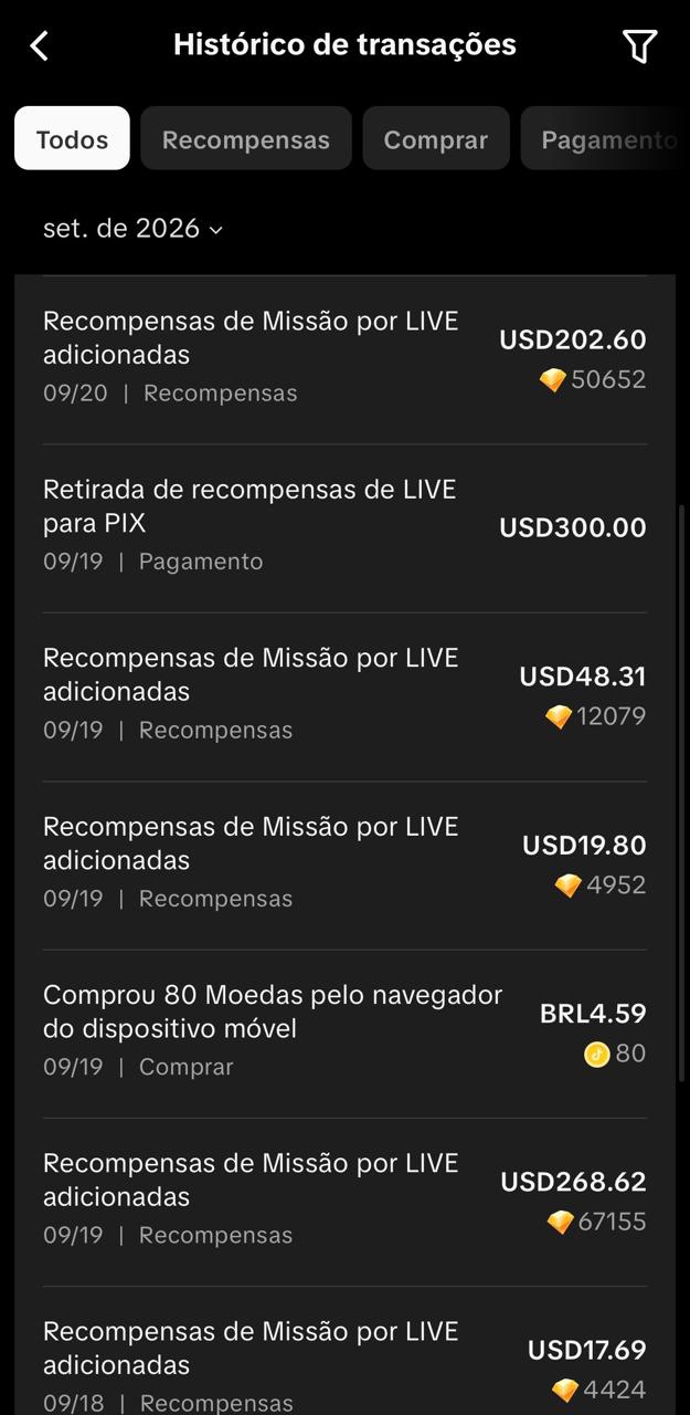 Segundo registro pessoal do histórico de recompensas e pagamentos em transmissões ao vivo
